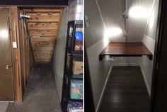 two pictures side by side one has a closet and the other has shelves with items on them