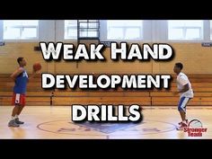 two young men playing basketball on an indoor court with the words weak hand development drills