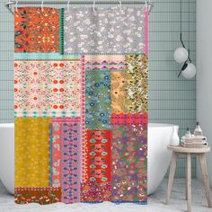 a colorful shower curtain with many different patterns