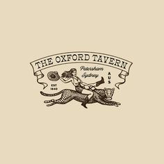 the oxford tavern logo with a woman on a cheetah riding a horse in front of it