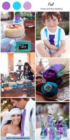 a collage of photos with different colors and designs on the theme of purple and blue wedding