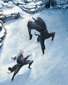 two people are in the snow, one is flying through the air with his arms out