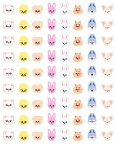 an assortment of different colored cats and bunny ears on a white background with the same cat's face