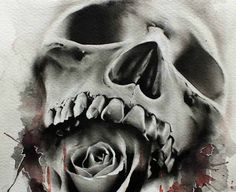 a black and white drawing of a skull with a rose in it's mouth