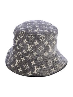 Blue and white denim Louis Vuitton bucket hat with LV monogram throughout, gold-tone hardware and leather trim at brim. Louis Vuitton Bucket Hat, Denim Louis Vuitton, Lv Monogram, Belt Shop, Designer Gifts, White Denim, Christian Louboutin Shoes, Leather Trim, Sweater Accessories