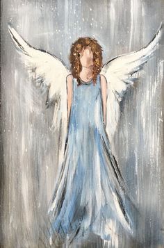 an angel painting with white wings and blue dress in the rain, on a gray background