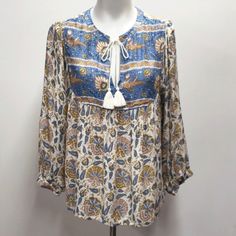 Lucky Brand Long Sleeve Boho Peasant Blouse Women's Size Medium New With Tags Spring Boho Print Tunic Blouse, Fall Beach Peasant Tunic Top, Fall Vacation Tunic Peasant Top, Fall Peasant Top With Boho Print, Fall Peasant Tunic Top For Vacation, Long Sleeve Printed Peasant Top For Vacation, Fall Bohemian Peasant Top With Blouson Sleeves, Printed Peasant Blouse For Fall, Bohemian Patterned Blouse With Boho Print