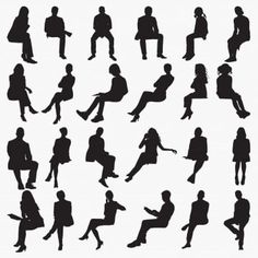 the silhouettes of people sitting and standing in different positions, each with their legs crossed