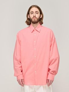 This is a casual and comfortable shirt that is made out of high quality cotton 100% fabric. With design detail of oversized silhouette and subtle pastel tone color, it gives a comfortable and trendy mood.- Pleat detail on the back yolk- Oversized silhouette- Minimal design overall Oversized Pink Cotton Shirt, Pink Relaxed Fit Shirt For Work, Pink Oversized Long Sleeve Shirt, Pink Cotton Shirt For Work, Oversized Silhouette, Minimal Design, Design Details, Overalls, Pastel