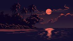 an island with palm trees and the moon in the sky