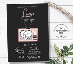 a black and white birthday card with a pink tv on it