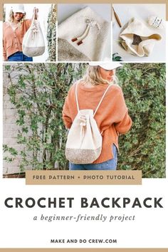 the crochet backpack is shown with instructions to make it