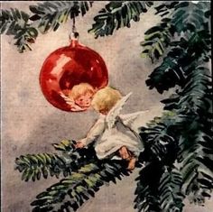 an angel is hanging from a christmas tree with a red ornament on it