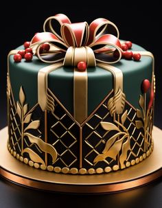 a decorated cake on a gold plate with red berries and bow around the top, sitting on a black surface