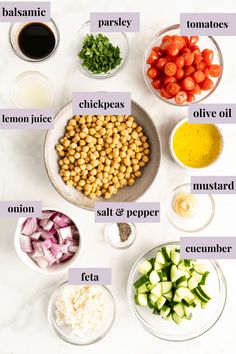 the ingredients to make this chickpea salad are shown on a white counter top