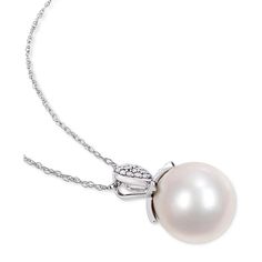 A glistening cultured freshwater pearl dangles from a diamond-encrusted cap on this truly stunning pendant necklace..Cultured Freshwater Pearl: 11mm.Diamond: 1/10 ct. t.w..Set in 10k white gold.Approx. length: 17'; approx. drop: 3/4'.Spring ring clasp closure; rope link chain.Sign up for Macy's WorryNoMore® Jewelry & Watch Protection program within 30 days of purchase. Before delivery, call Customer Service 1-800-289-6229 to sign up. After delivery, visit a Macy's store with your dated receipt a Pearl Jewelry With Diamond Accents In Pear Shape, Pear Shaped Pearl Jewelry With Diamond Accents, Pear-shaped Pearl Jewelry With Diamond Accents, Macy's Elegant Jewelry With Pave Setting, Elegant Macy's Jewelry With Pave Setting, Pearl Jewelry With Prong Setting, Pearl White Akoya Pearl Jewelry With Diamond Accents, White Pearl Jewelry With Prong Setting, Macy's White Jewelry With Pave Setting