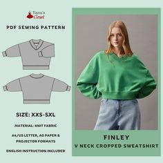 the sewing pattern for this cropped sweater is available in sizes xs - xxl