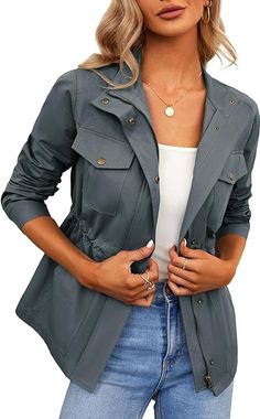 Chang Yun Jackets For Women Military Safari Utility Anorak Zip Up Snap Buttons Lightweight Drawstring Coat with Pockets #leatherjacket #winteroutfit #womenjacket #bikerjacket #wintercoat #womencoat Drawstring Coat, Varsity Jacket, Coats For Women