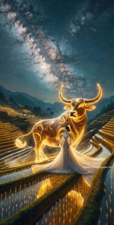 an artistic painting of a bull in the middle of rice fields