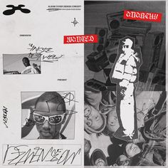 a collage of photos and drawings with words written on them, including an image of a man wearing glasses