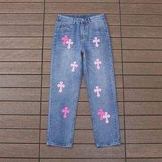 Chrome Hearts Pink Cross Logo Blue Jeans Suitable Suitable For Any Season Unisex Brand New With Tag Brand: Chrome Hearts Colour: Blue Size: M Material: 100% Cotton Machine Washable, Hand Washable Chrome Hearts Leather, Applique Jeans, Cross Logo, Pink Cross, Denim Chic, Patched Jeans, Denim Jeans Men, Mens Straight Jeans, Chrome Hearts