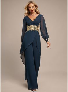 JJ's House Appliques Lace Chiffon V-Neck Summer Winter Spring Fall Jumpsuit/Pantsuit Plus General Jumpsuit/Pantsuit Size Chart No Leg Slit Scoop Back Zip Elegant Black Tie Dark Navy Height:5.8ft（176cm） Bust:32in（82cm）Waist:24in（61cm）Hips:35in（89cm） No Floor-Length B. #JJ's House #AppliquesLace #Chiffon #VNeck #Summer #Winter #Spring #Fall #JumpsuitPantsuit #Plus #General #JumpsuitPantsuitSizeChart #NoLegSlit #Scoop #BackZip #Elegant #BlackTie #DarkNavy #No #FloorLength #B Chiffon Evening Dress, Dresses Formal Elegant, Chiffon Evening Dresses, Mother Of The Bride Dress, Chiffon Long Sleeve, Mom Dress, Chiffon Lace, Custom Dresses, Style Elegant