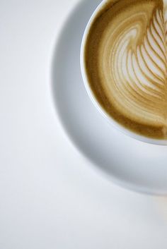 a cappuccino in a white cup with a leaf design on the foam