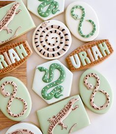 decorated cookies with letters and animals on them