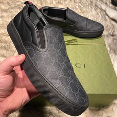 Brand New Men’s Gucci Loafer Made Out Of Fine Coated Canvas And It Has A Rubber Sole. Comes With Gucci Dustbags And Gucci Box Size Gucci 7 / 8 Us Designer Slip-ons With Rubber Sole And Round Toe, Luxury Black Slip-ons With Round Toe, Luxury Black Leather Slip-ons, Gucci Modern Black Loafers, Luxury Black Slip-on Sneakers, Luxury Black Slip-ons, Luxury Slip-on Sneakers With Textured Sole, Black Leather Loafers For Streetwear, Designer Black Slip-ons With Rubber Sole