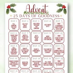 This Advent Calendar for great for kids ages 3-10! It is a wonderful way to spread kindness and build positive habits leading up to Christmas. Each day, the children can perform a small act of kindness or reflect on a positive behavior, creating a sense of joy and empathy throughout the season. Here's an idea for a calendar where each day brings a simple, meaningful task that can be done by kids in this age range: How it works: - You will see a link to download the file in your purchase section and/or an email with the download as well.  - I recommend using card stock to have a durable lasting card. -The color may vary depending on the printer, ink, and paper used. It can be printed at home or in a professional print shop. No physical item will be shipped as this is a digital download for 25 Days Of Kindness Christmas, 25 Days Of Kindness Christmas Kids, Christmas Advent Calendar For Kids Acts Of Kindness, Christian Christmas Advent Ideas, December Advent Calendar, December Acts Of Kindness, Christmas Acts Of Kindness, Paper Advent Calendar, Digital Advent Calendar