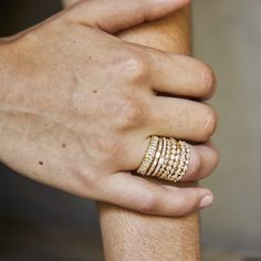 Architectural and oh, so cool, this linear, textural hand candy adds punch to any stack. Perfect stack anchor. Gorgeous solo, too! We make this beauty in white diamonds set into your choice of 18k rose gold or yellow gold; black gold, or white possibly available upon request. One of our favorite rings! Brings a full carat of sparkle pop plus textural interest to your ring stacks. One carat diamond ring. Horizontally stacked, tapering white diamonds. Modern vibe. 18k yellow gold setting includes Everyday Yellow Gold Emerald Cut Stackable Rings, Everyday Stackable Rings With Baguette Cut, Fine Jewelry Yellow Gold Stackable Rings With Baguette Diamonds, Everyday 14k Gold Baguette Cut Stackable Rings, Everyday 14k Gold Stackable Baguette Cut Rings, Gold Bricks, Candy Bracelets, Arm Candy Bracelets, Hand Candy