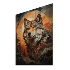 a painting of a wolf in front of a full moon