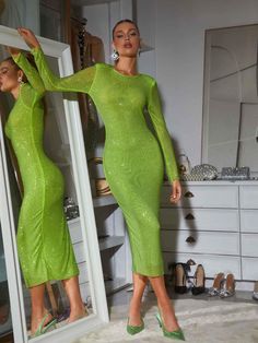 Neriah Long Sleeve Crystal Midi Dress In Green - Mew Mews Fashion Stylish Work Attire, Loose Maxi Dress, Green Dresses, Hair Back, Jumpsuits And Romper, Feather Dress, Maxi Dress Green, Romper With Skirt, Embellished Dress