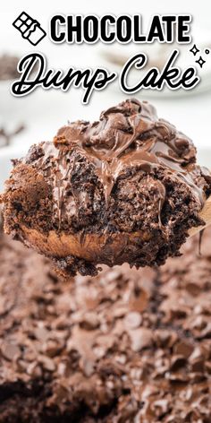 a spoon full of chocolate dump cake with the title above it that reads, chocolate dump cake