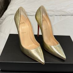 Brand New. Never Worn. Does Not Come In Original Box. Size - 39.5 Final Price Gold Leather Heels With Red Sole, Luxury Champagne Heels With 4-inch Heel, Luxury Champagne 4-inch Heels, Gold Heels With Red Sole, Luxury Champagne High Heels, Elegant Gold Heels With Red Sole, Luxury Champagne Heels With Round Toe, Luxury Champagne Heels, Luxury Champagne Heels With Almond Toe