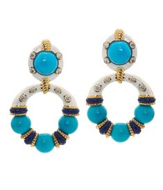 Turquoise beads, lapis lazuli, brilliant-cut diamonds, white enamel, 18K gold, and platinum Couture Earrings, David Webb, Semi Precious Jewelry, Diamond Jewelry Designs, Earrings Turquoise, Enamel Necklaces, Lovely Earrings, Earrings Collection, Turquoise Beads