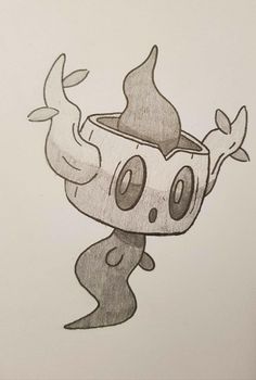 a drawing of a cartoon character with horns and eyes