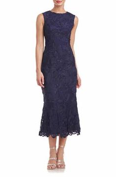 JS Collections Hope Floral Embroidered Cocktail Dress | Nordstrom Tea Length Cocktail Dresses, Lace Tea Length Dress, Cocktail Midi Dress, Embroidered Cocktail Dress, Tea Length Dress, Mother Of Groom Dresses, Column Gown, Navy Midi Dress, Midi Cocktail Dress