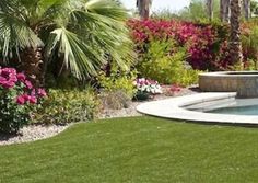 a pool surrounded by lush green grass and palm trees in the back yard with pink flowers