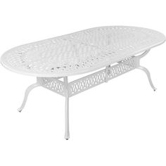 a white table with an oval design on the top and bottom, in front of a white background