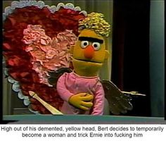 the sesame character is standing in front of a heart - shaped piece of paper flowers