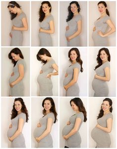 a pregnant woman poses for pictures in her gray dress