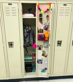 two lockers with school supplies and decorations on them