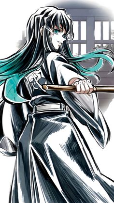 an anime character with long hair holding a stick