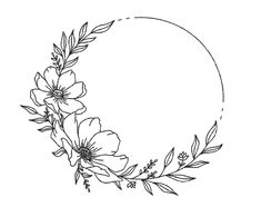 a circle with flowers and leaves around it on a white background, hand drawn illustration