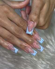 Sky Blue Nails With Rhinestones, Blue Rhinestone Nails Short, Blue French Tip Nails With Diamonds, Square Nail Designs With Gems, Blue French Tip Nails With Gems, Light Blue French Tip Nail Designs, Light Blue French Tip Nails With Design, Blue French Tip Nails With Rhinestones, Light Blue Nails With Gems