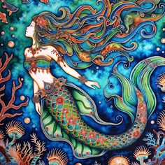 a painting of a mermaid with long hair