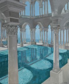 a painting of an indoor swimming pool with columns