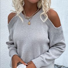 Shein Cold Shoulder Sweater. Never Worn Brand New Light Gray. Too Big For Me. Cold Shoulder Knit Sweater, Plus Size Cold Shoulder Sweater, Cold Shoulder Jumper, Shein Sweater, Women Sweaters, Cold Shoulder Sweater, Drop Shoulder Sweaters, Knitting Women Sweater, Ribbed Knit Sweater