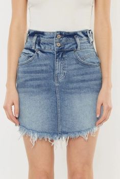 fringed hem denim mini skirtsmall slits on side, double waistband measurements are taken from a size mediumwaist – 27″length – 16″ content & care 99% cotton 1% spandex machine wash cold, tumble dry low, low iron if needed Fitted Dark Wash Mini Skirt With Frayed Hem, High Waist Denim Mini Skirt With Frayed Hem, Fitted Medium Wash Skirt With Frayed Hem, Trendy Medium Wash Skirt With Frayed Hem, Dark Wash Cutoff Denim Skirt With Frayed Hem, Cutoff Dark Wash Denim Skirt With Frayed Hem, Mid-rise Denim Mini Skirt With Frayed Hem, Dark Wash Mini Bottoms With Frayed Hem, Medium Wash Cotton Cutoff Mini Skirt